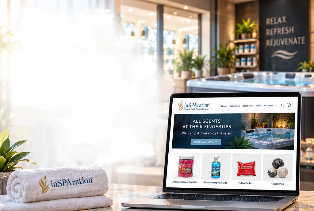 Hot tub showroom with a laptop showing a retailer website selling inSPAration spa and bath aromatherapy