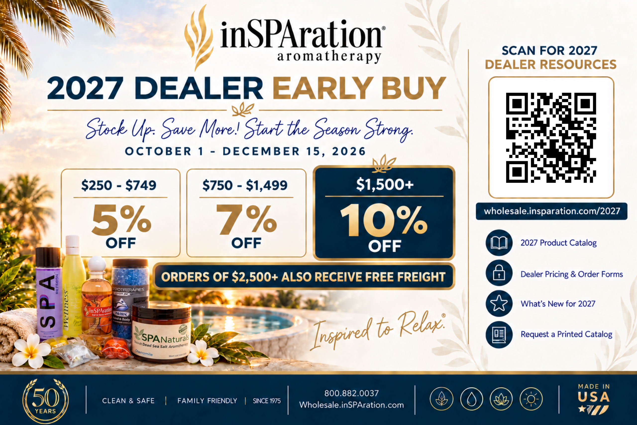 2027 Dealer Early Buy: save up to 10 percent plus free freight on orders of $2,500 or more, October 1 to December 15, 2026