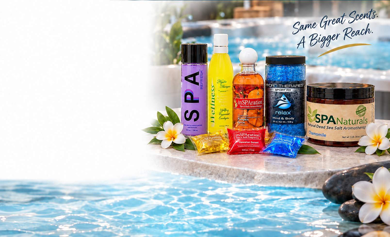 inSPAration Spa Refresh, Wellness and spa aromatherapy bottles with pillow packets beside a hot tub